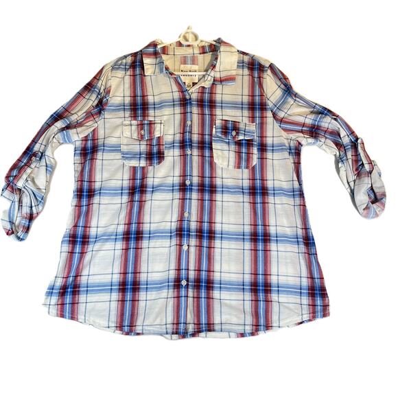 New York Laundry Button Flannel Shirt Woman's 1X Roll Tab Sleeves Botton Pockets - Picture 1 of 13